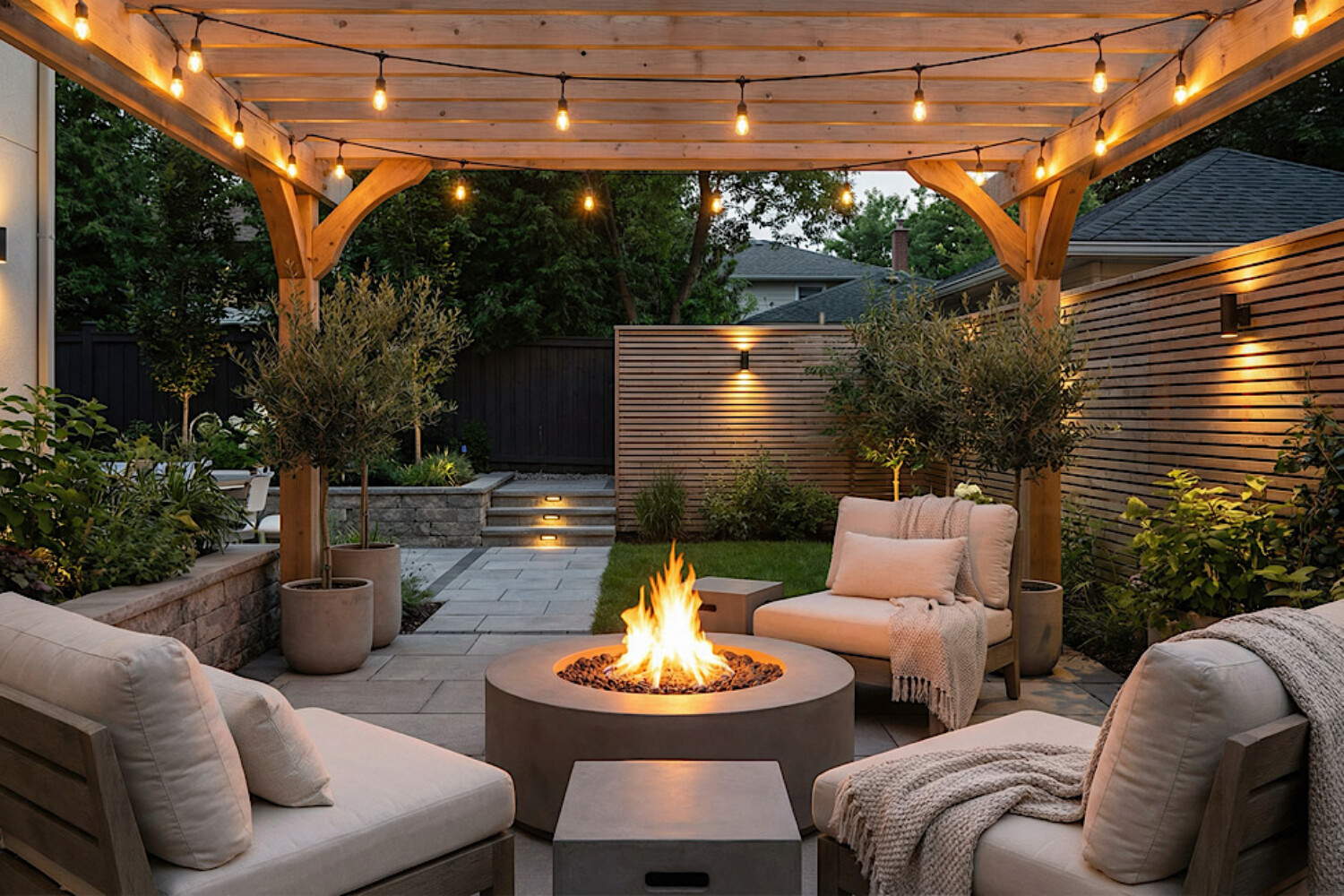 Modern Backyard landscaping with fire pit in Naperville