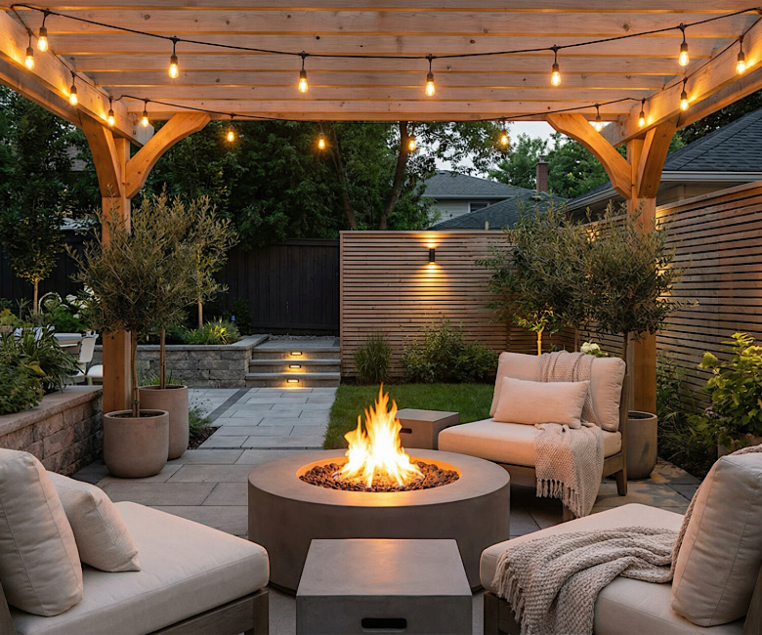 Modern Backyard landscaping with fire pit in Naperville