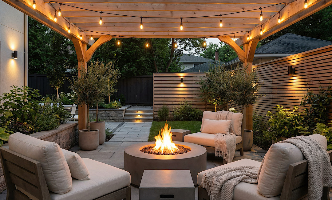 Modern Backyard landscaping with fire pit in Naperville